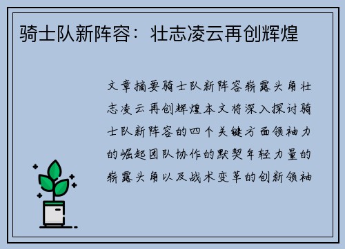 骑士队新阵容：壮志凌云再创辉煌
